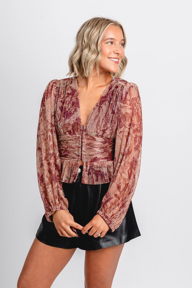 Shimmer peplum top burgundy/taupe