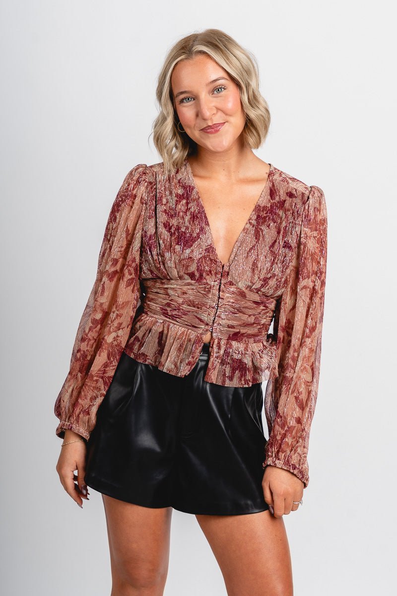 Shimmer peplum top burgundy/taupe - Trendy New Year's Eve Dresses, Skirts, Kimonos and Sequins at Lush Fashion Lounge Boutique in Oklahoma City