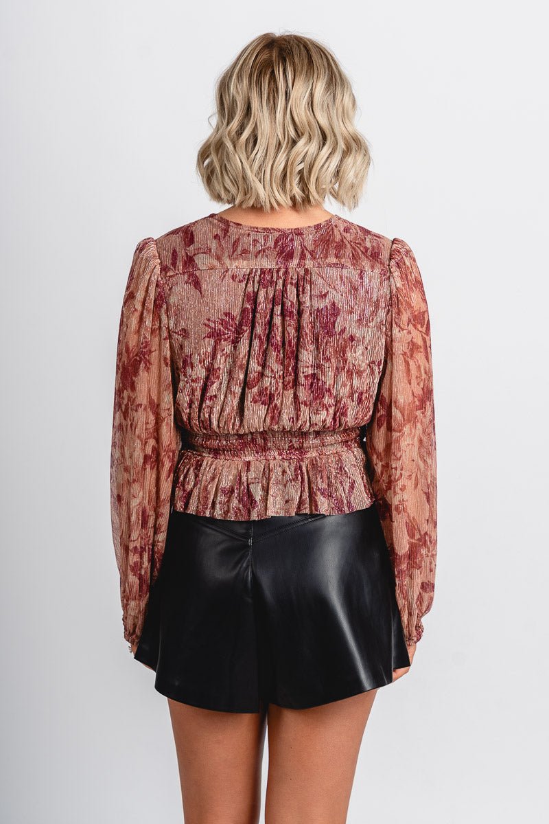 Shimmer peplum top burgundy/taupe
