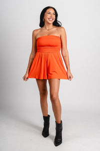 Strapless ruched knit romper orange Stylish Romper - Womens Fashion Rompers & Pantsuits at Lush Fashion Lounge Boutique in Oklahoma City