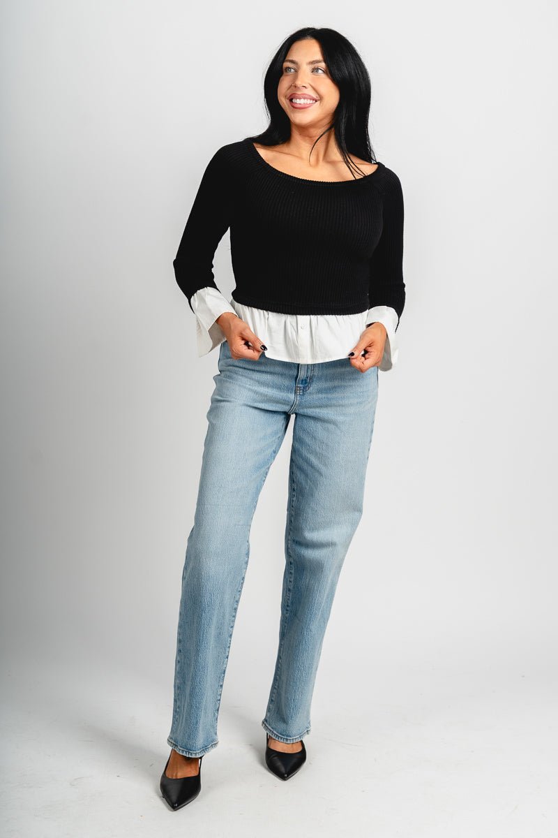 Boat neck twofer top black