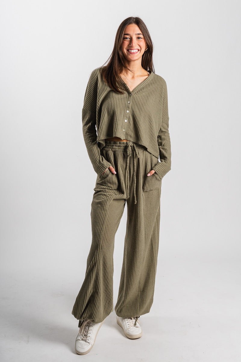 Waffle crop long sleeve top olive grove - Stylish top - Trendy Lounge Sets at Lush Fashion Lounge Boutique in Oklahoma City