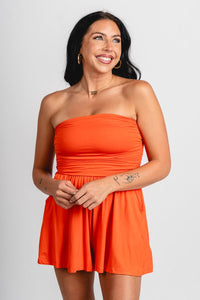 Strapless ruched knit romper orange - Cute Romper - Trendy Rompers and Pantsuits at Lush Fashion Lounge Boutique in Oklahoma City