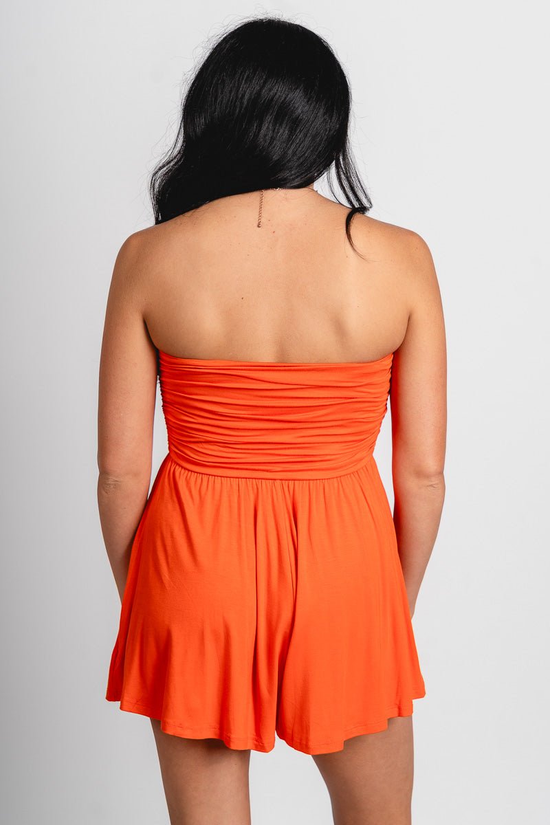 Strapless ruched knit romper orange
