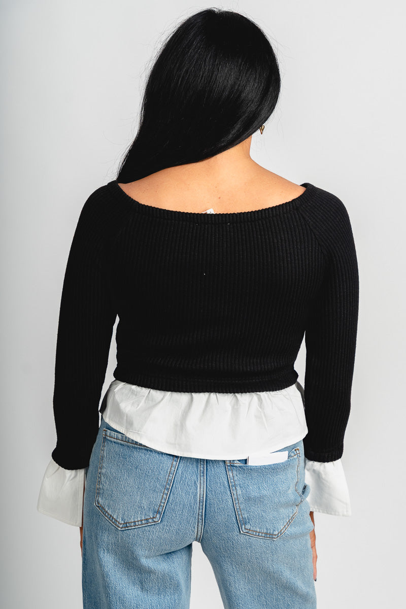 Boat neck twofer top black