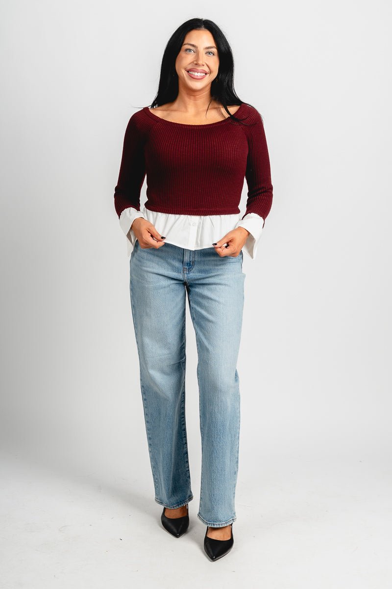 Boat neck twofer top wine