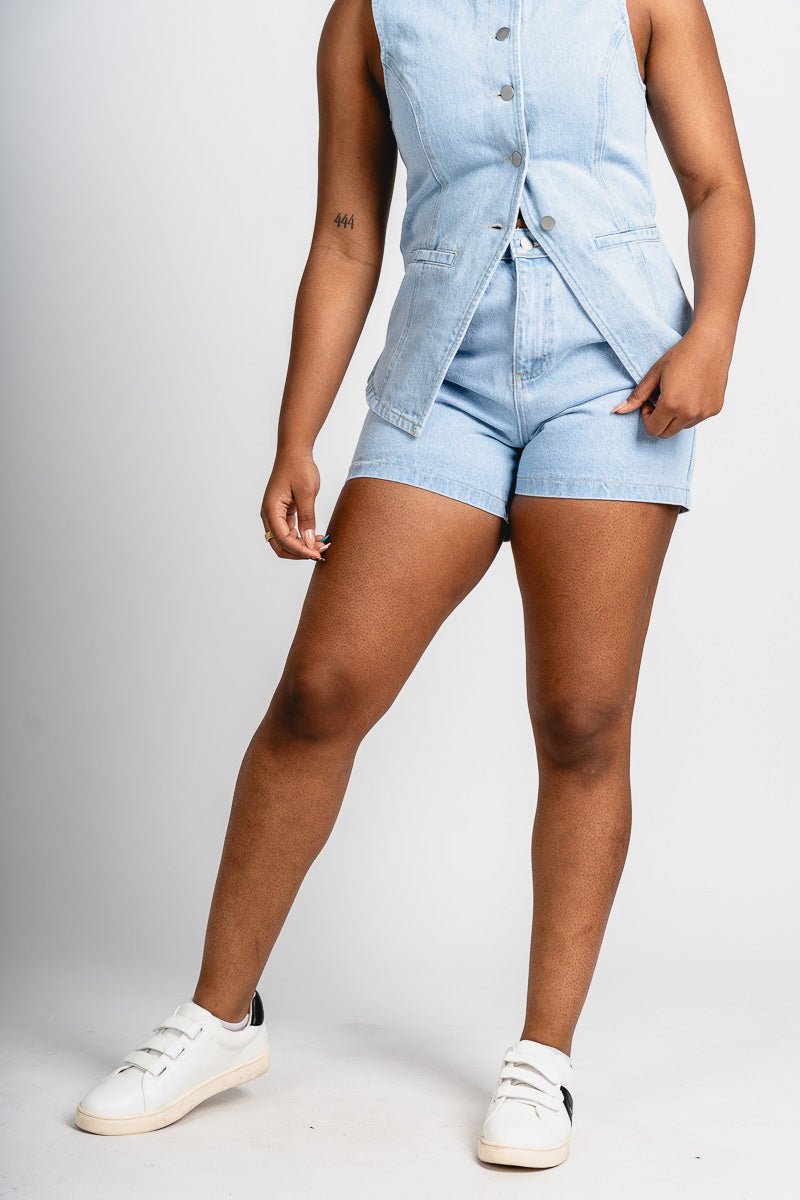 Pleated denim shorts light denim - Cute Shorts - Trendy Shorts at Lush Fashion Lounge Boutique in Oklahoma City