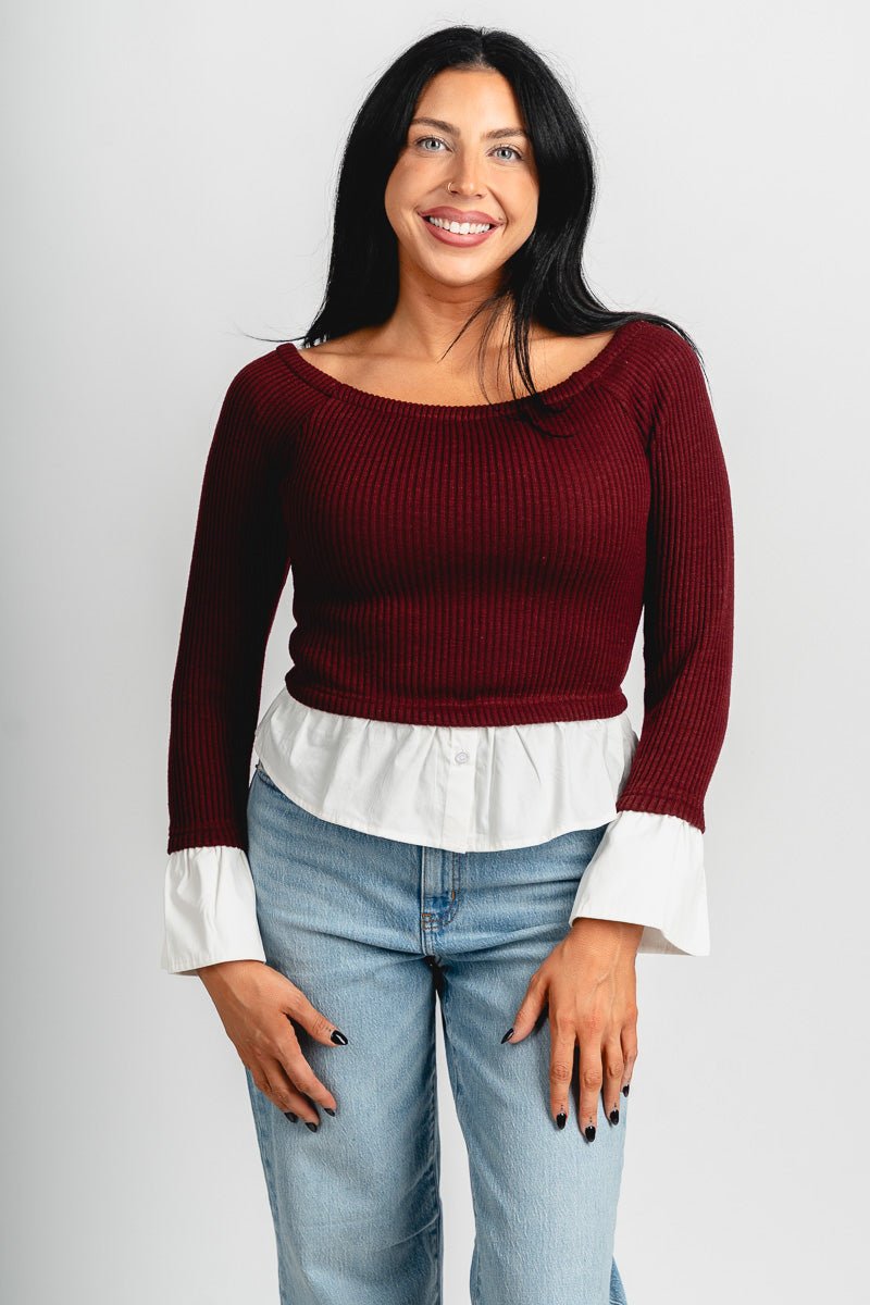 Boat neck twofer top wine