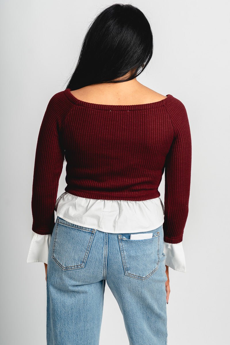 Boat neck twofer top wine