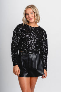 Long sleeve sequin crop top black - Trendy New Year's Eve Dresses, Skirts, Kimonos and Sequins at Lush Fashion Lounge Boutique in Oklahoma City