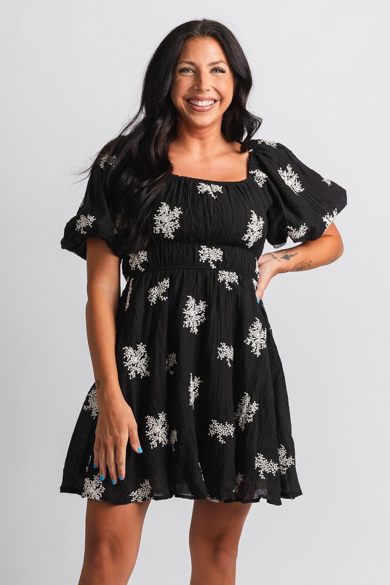 Floral puff mini dress black - Cute dress - Trendy Dresses at Lush Fashion Lounge Boutique in Oklahoma City