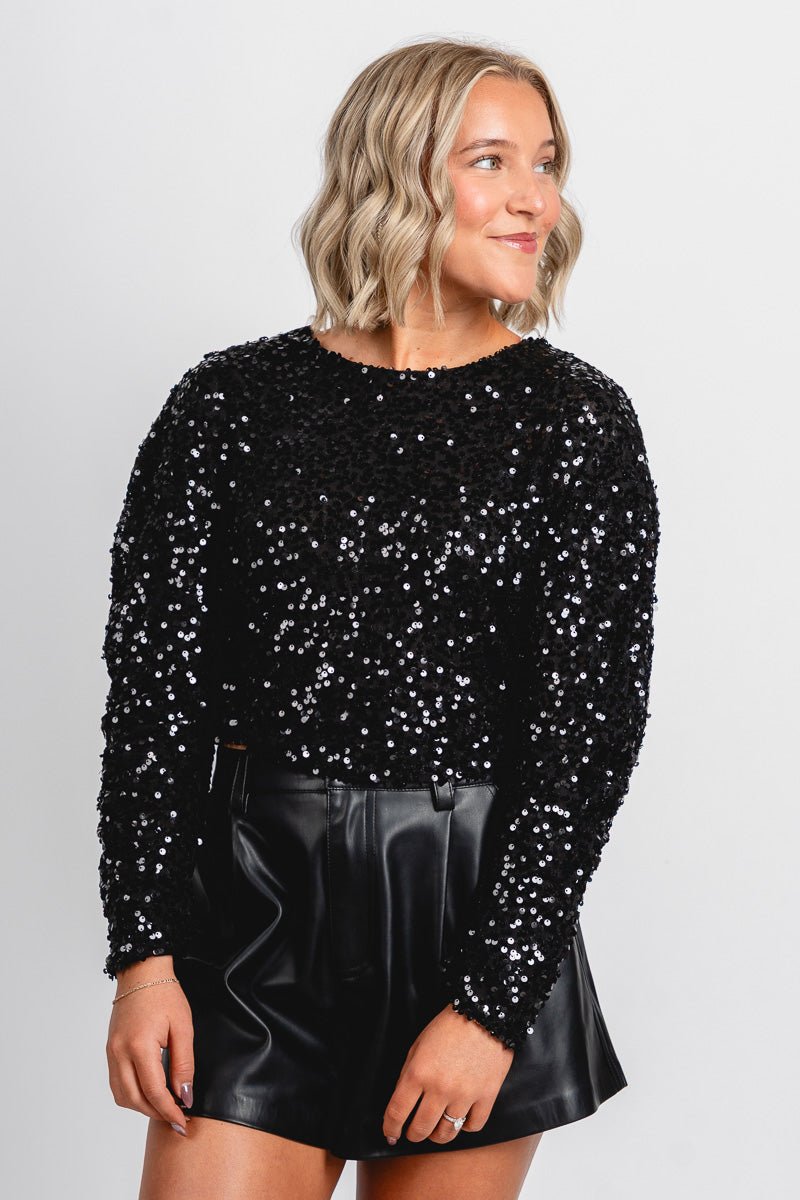 Long sleeve sequin crop top black
