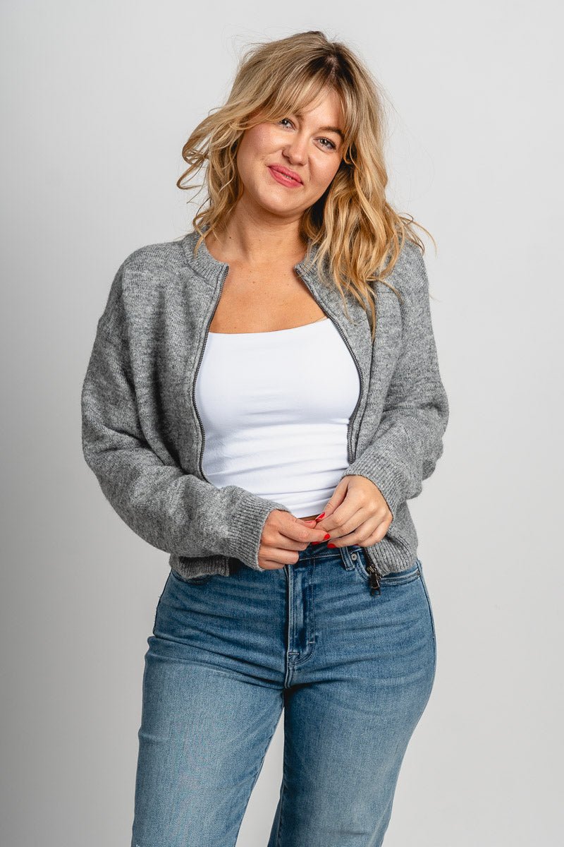 Parker zip cardigan grey - Cute Cardigan - Trendy Cardigans & Stylish Kimonos at Lush Fashion Lounge Boutique in Oklahoma City