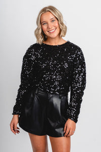 Long sleeve sequin crop top black - Trendy New Year's Eve Outfits at Lush Fashion Lounge Boutique in Oklahoma City