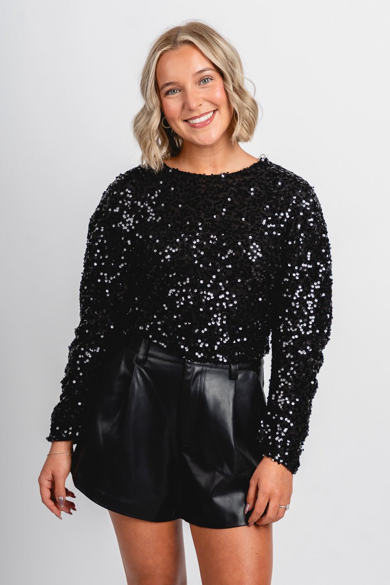 Long sleeve sequin crop top black - Trendy New Year's Eve Outfits at Lush Fashion Lounge Boutique in Oklahoma City