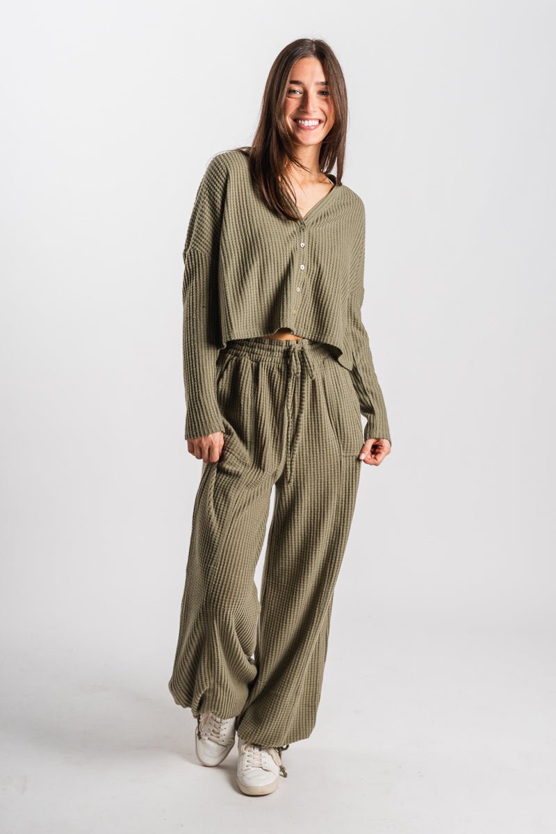 Waffle knit pants olive grove - Stylish pants - Trendy Lounge Sets at Lush Fashion Lounge Boutique in Oklahoma City