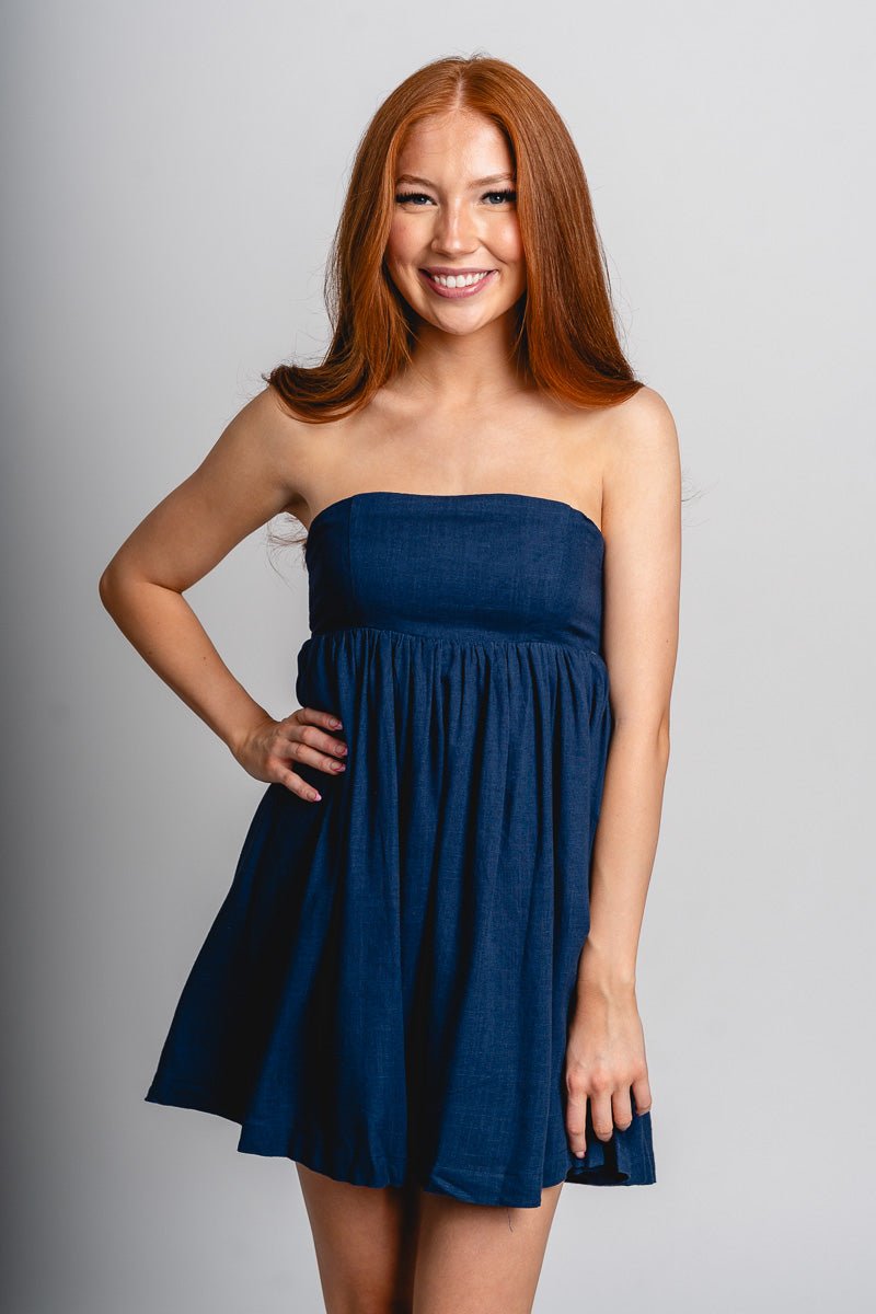 Strapless babydoll dress navy - Affordable dress - Boutique Dresses at Lush Fashion Lounge Boutique in Oklahoma City