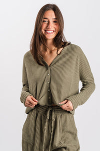 Waffle crop long sleeve top olive grove - Trendy top - Cute Loungewear Collection at Lush Fashion Lounge Boutique in Oklahoma City