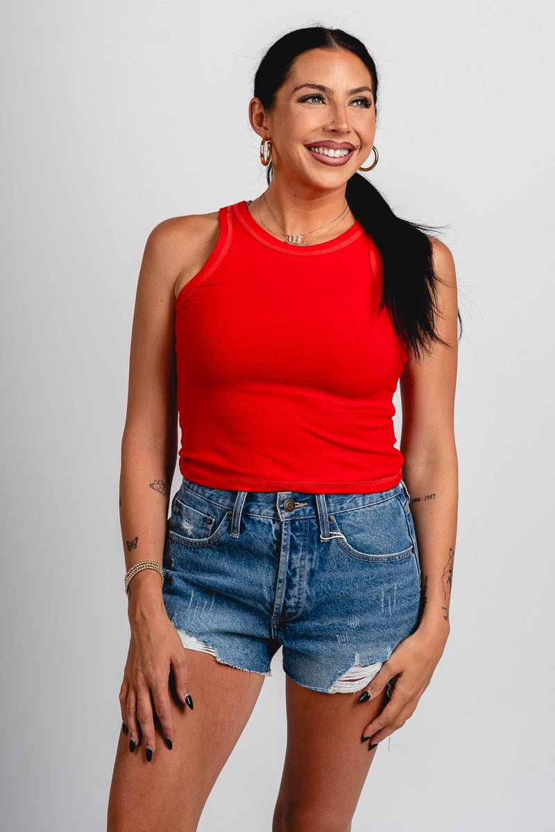 Round neck ribbed tank top red - Affordable tank top - Boutique Tank Tops at Lush Fashion Lounge Boutique in Oklahoma City