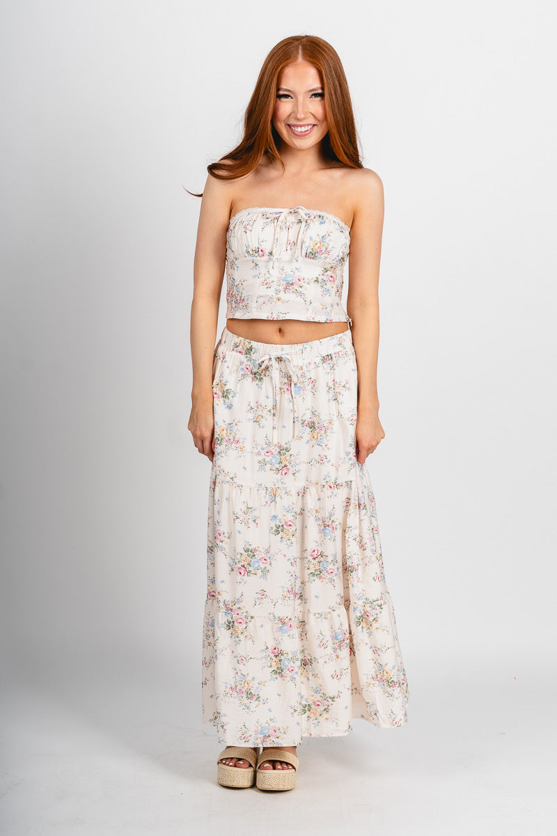 Floral midi skirt cream | Lush Fashion Lounge: boutique fashion skirts, affordable boutique skirts, cute affordable skirts