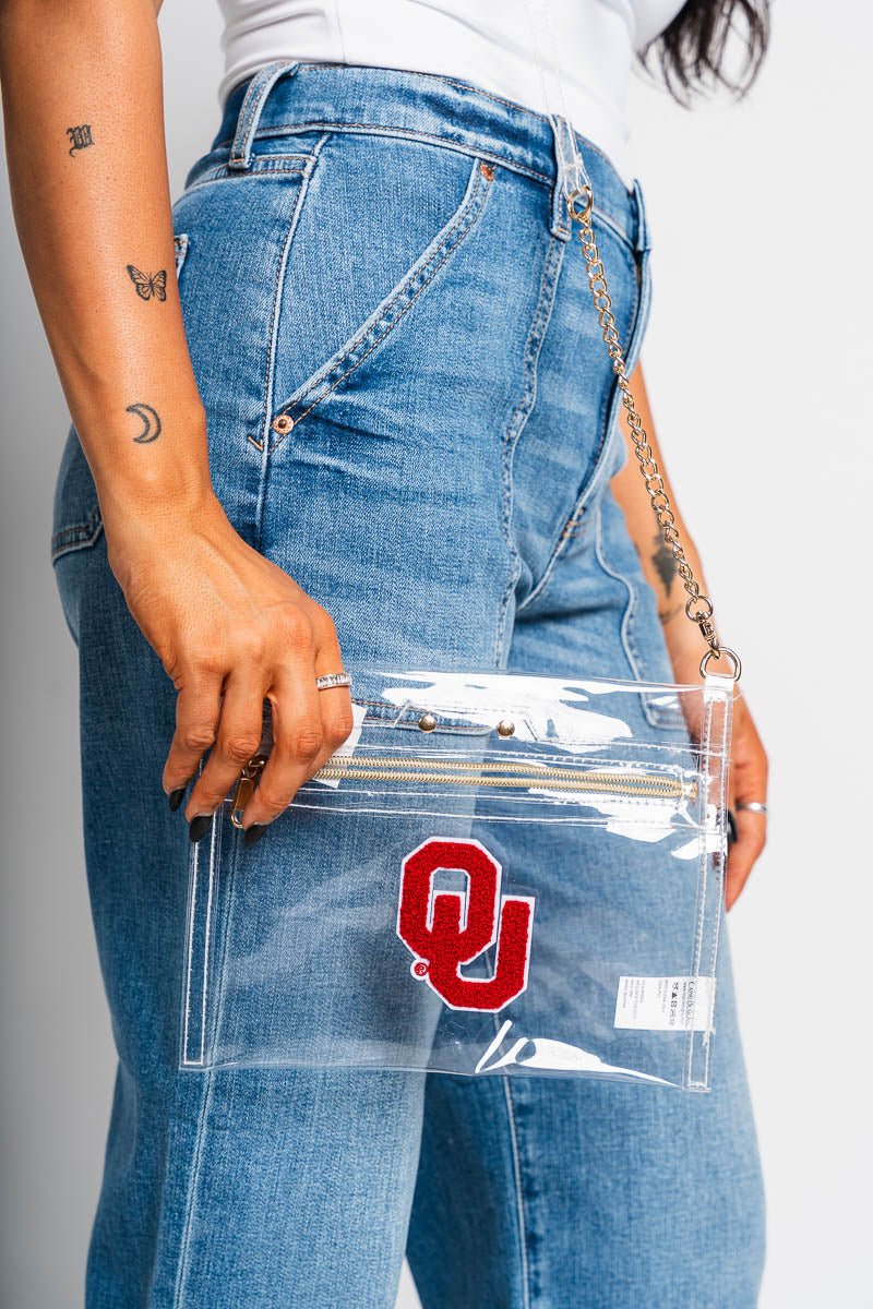 OU OU varsity patch flat clear bag bag Clear | Lush Fashion Lounge Trendy Oklahoma University Sooners Apparel & Cute Gameday T-Shirts