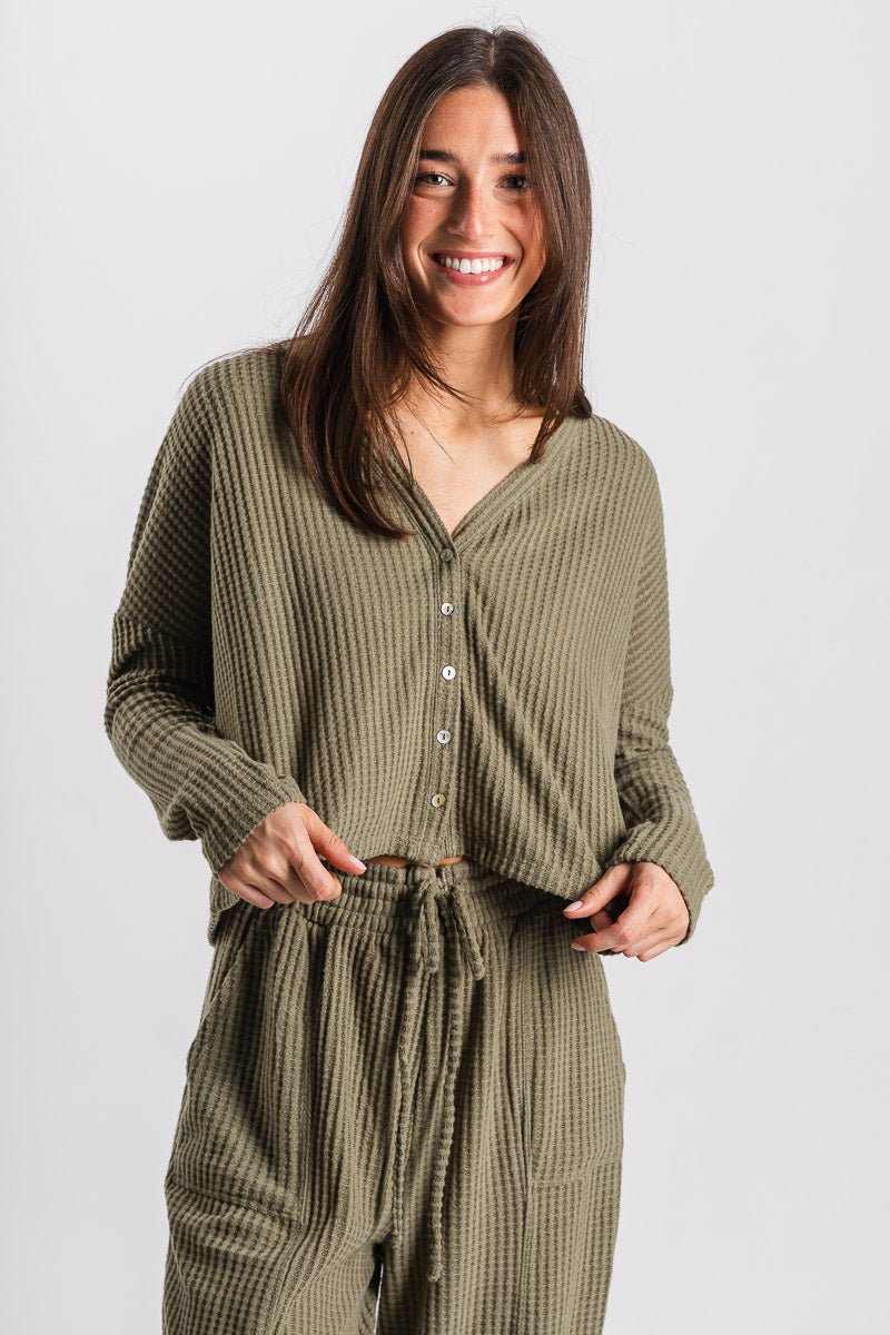 Waffle crop long sleeve top olive grove - Cute top - Fun Cozy Basics at Lush Fashion Lounge Boutique in Oklahoma City