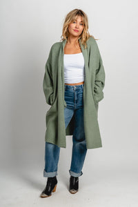 Lapel duster cardigan sage green - Trendy Cardigan - Fashion Cardigans & Cute Kimonos at Lush Fashion Lounge Boutique in Oklahoma City
