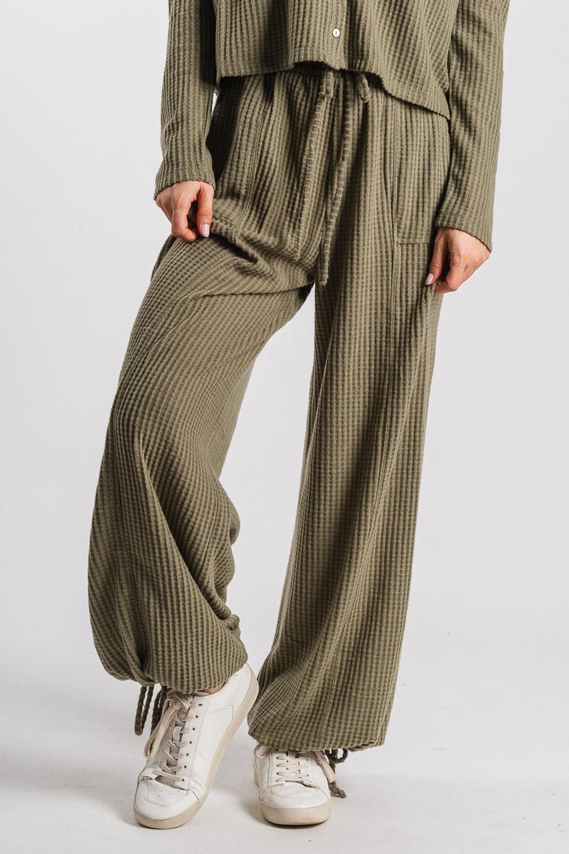 Waffle knit pants olive grove - Trendy pants - Cute Loungewear Collection at Lush Fashion Lounge Boutique in Oklahoma City