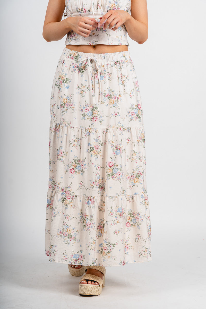 Floral midi skirt cream | Lush Fashion Lounge: boutique fashion skirts, affordable boutique skirts, cute affordable skirts