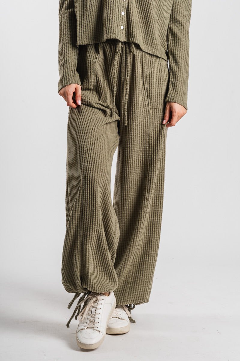 Waffle knit pants olive grove - Cute pants - Fun Cozy Basics at Lush Fashion Lounge Boutique in Oklahoma City