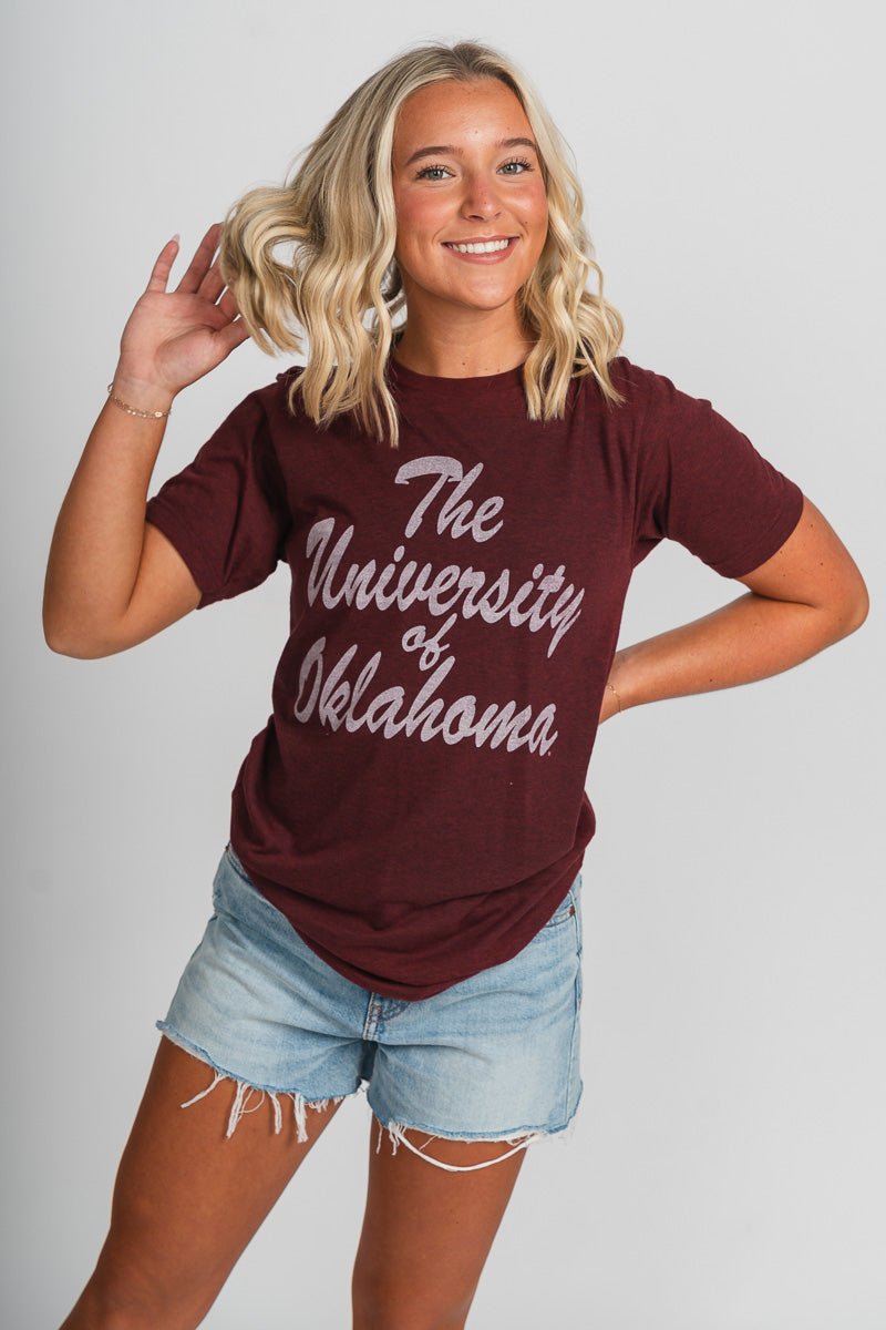 OU OU University of Oklahoma script unisex t-shirt crimson T-shirt | Lush Fashion Lounge Trendy Oklahoma University Sooners Apparel & Cute Gameday T-Shirts