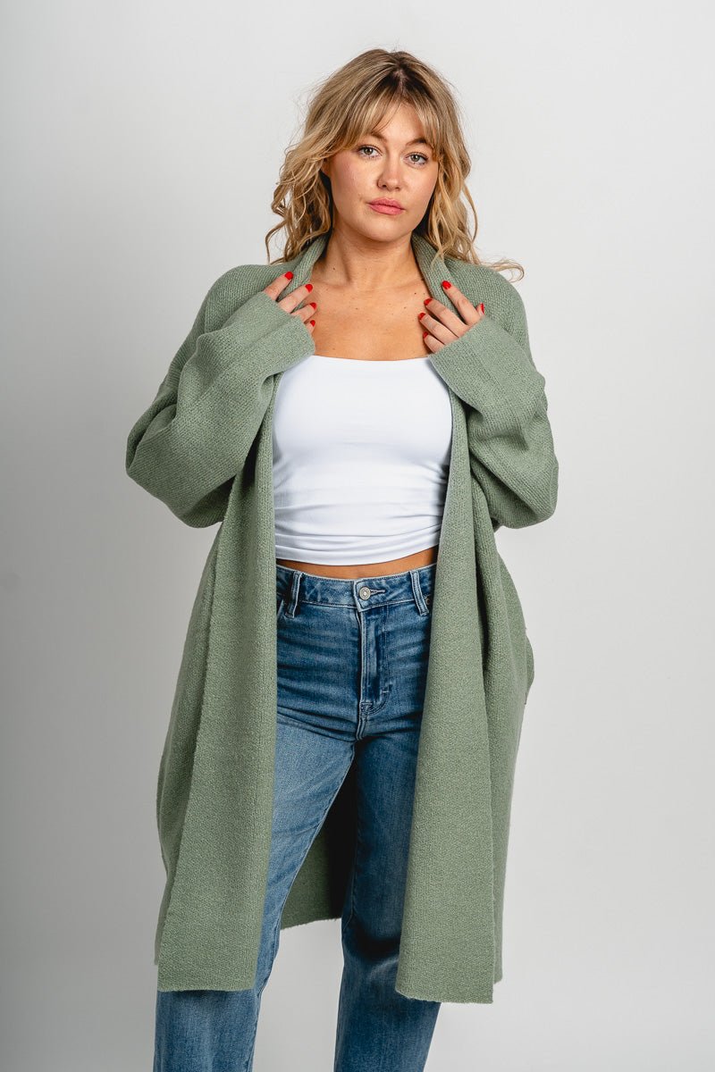 Lapel duster cardigan sage green - Affordable Cardigan - Boutique Cardigans & Trendy Kimonos at Lush Fashion Lounge Boutique in Oklahoma City