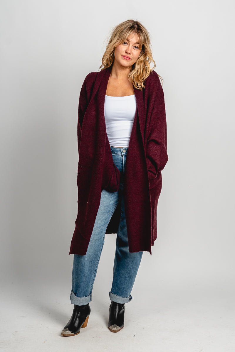 Lapel duster cardigan dark cherry - Trendy Cardigan - Fashion Cardigans & Cute Kimonos at Lush Fashion Lounge Boutique in Oklahoma City