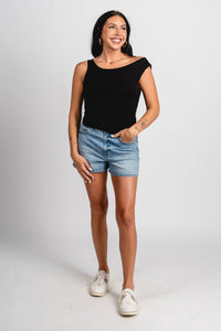 Shirred tank top black Stylish tank top - Womens Fashion Tank Tops at Lush Fashion Lounge Boutique in Oklahoma City