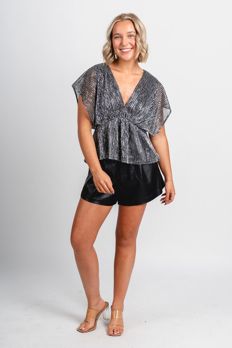 Metallic kimono babydoll top silver - Affordable New Year's Eve Party Outfits at Lush Fashion Lounge Boutique in Oklahoma City