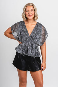 Metallic kimono babydoll top silver - Trendy New Year's Eve Dresses, Skirts, Kimonos and Sequins at Lush Fashion Lounge Boutique in Oklahoma City