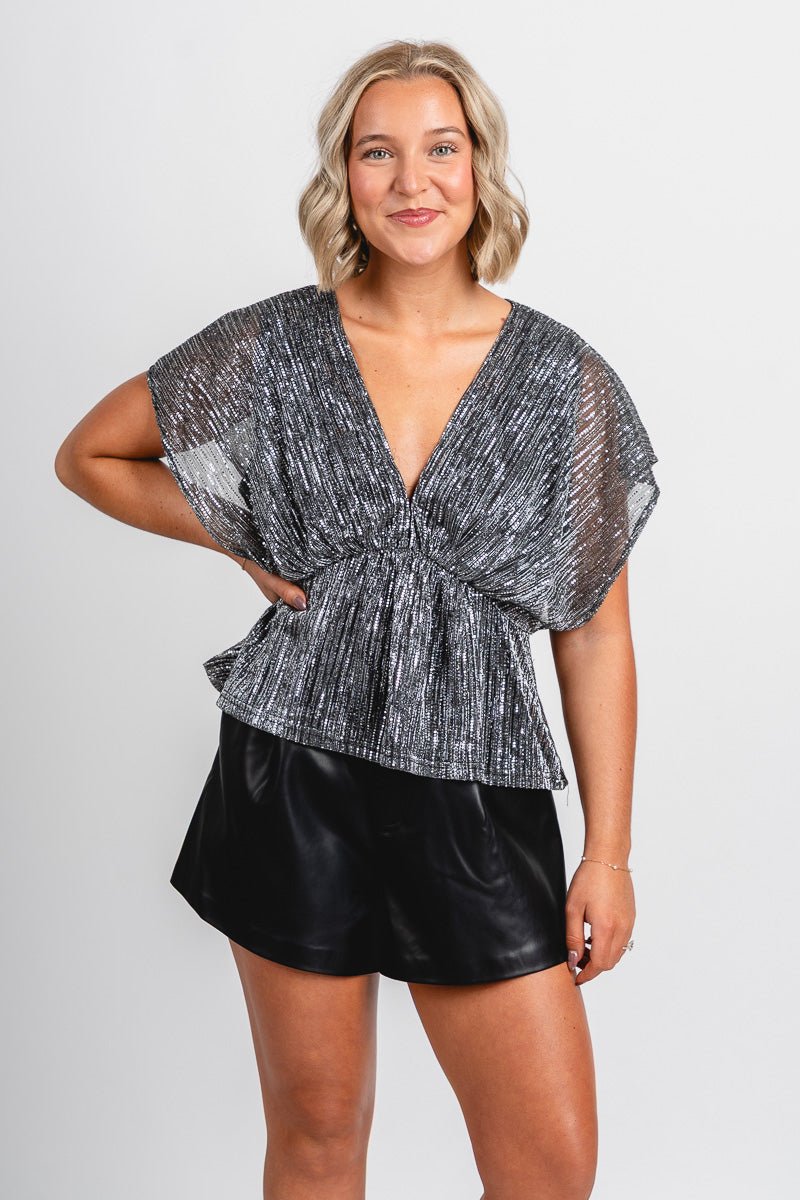 Metallic kimono babydoll top silver - Trendy New Year's Eve Dresses, Skirts, Kimonos and Sequins at Lush Fashion Lounge Boutique in Oklahoma City