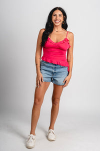 Asymmetrical ruffle tank top fuchsia - Trendy tank top - Fashion Tank Tops at Lush Fashion Lounge Boutique in Oklahoma City
