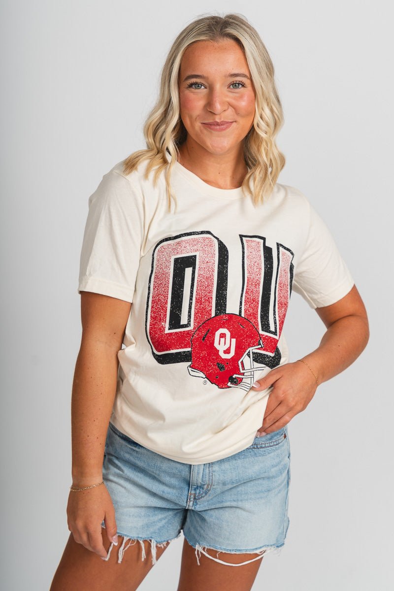 OU OU Sooners helmet fade unisex t-shirt ivory T-shirt | Lush Fashion Lounge Trendy Oklahoma University Sooners Apparel & Cute Gameday T-Shirts