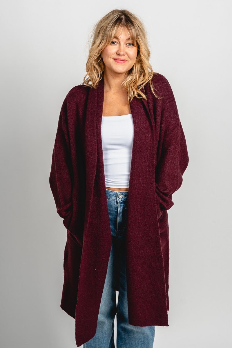 Lapel duster cardigan dark cherry - Affordable Cardigan - Boutique Cardigans & Trendy Kimonos at Lush Fashion Lounge Boutique in Oklahoma City