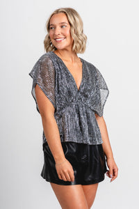 Metallic kimono babydoll top silver - Trendy New Year's Eve Outfits at Lush Fashion Lounge Boutique in Oklahoma City