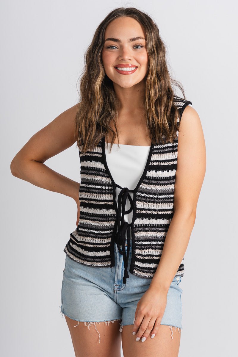 Striped tie sweater grey/black – Stylish Sweaters | Boutique Sweaters at Lush Fashion Lounge Boutique in Oklahoma City