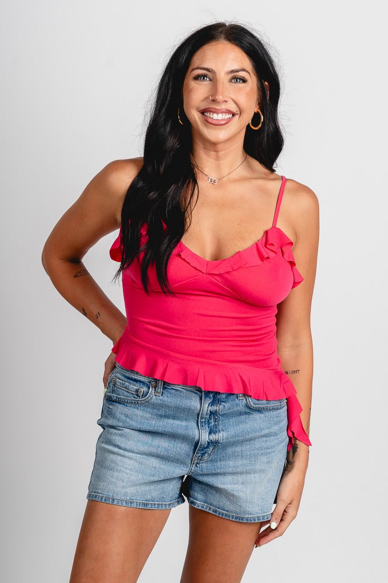 Asymmetrical ruffle tank top fuchsia - Affordable tank top - Boutique Tank Tops at Lush Fashion Lounge Boutique in Oklahoma City