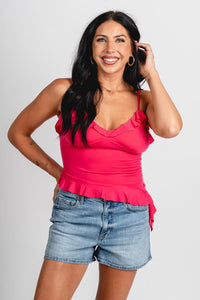 Asymmetrical ruffle tank top fuchsia - Cute tank top - Trendy Tank Tops at Lush Fashion Lounge Boutique in Oklahoma City