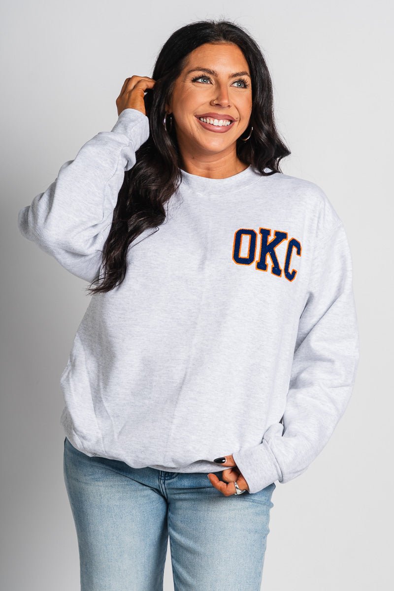 OKC basketball chenille sweatshirt grey - Trendy Oklahoma City Basketball T-Shirts Lush Fashion Lounge Boutique in Oklahoma City