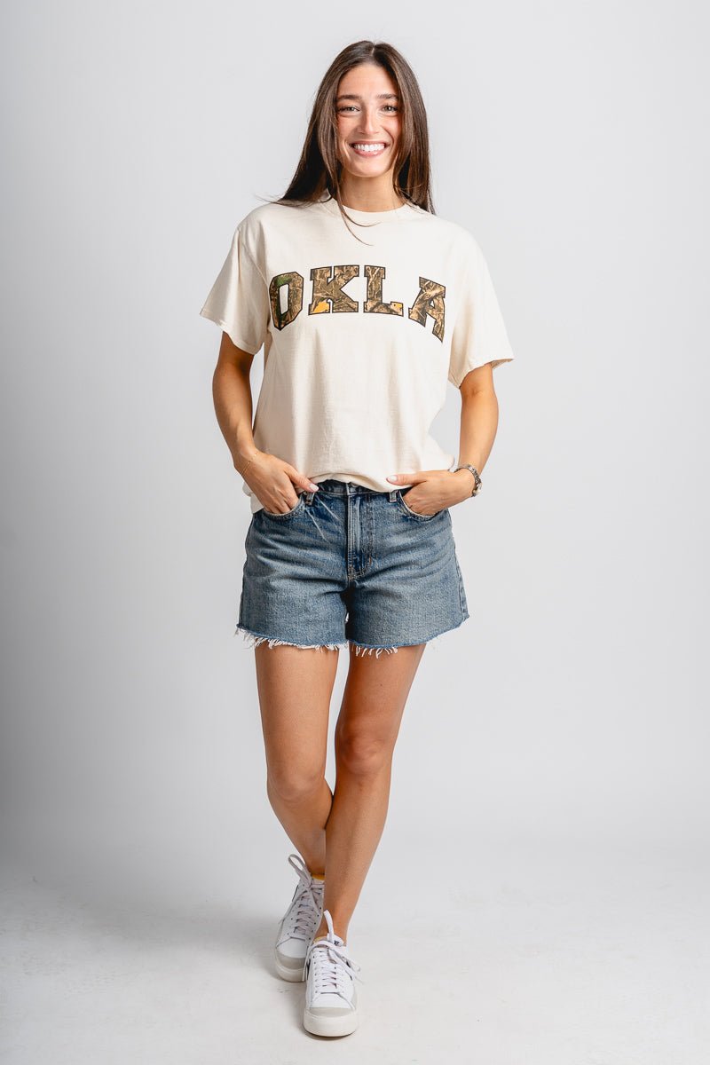 OSU OKLA camo gault thrifted t-shirt off white T-shirt | Lush Fashion Lounge Trendy Oklahoma State Cowboys Apparel & Cute Gameday T-Shirts
