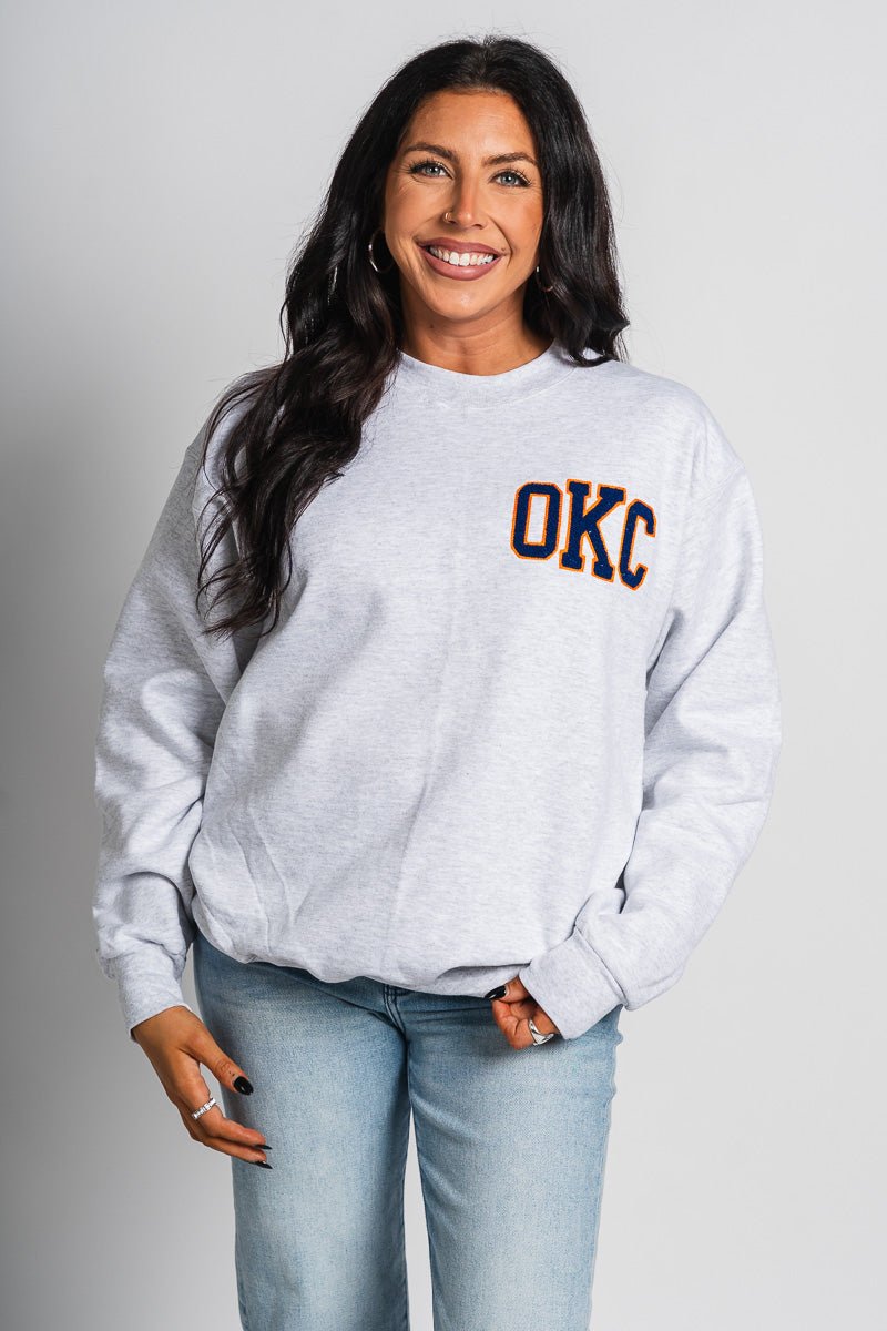 OKC basketball chenille sweatshirt grey - Trendy OKC Apparel at Lush Fashion Lounge Boutique in Oklahoma City