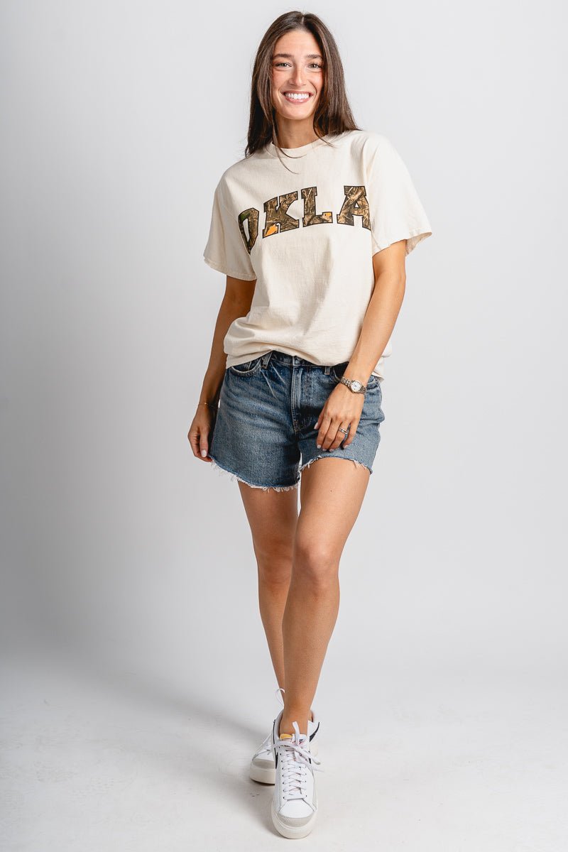OSU OKLA camo gault thrifted t-shirt off white T-shirt | Lush Fashion Lounge Trendy Oklahoma State Cowboys Apparel & Cute Gameday T-Shirts