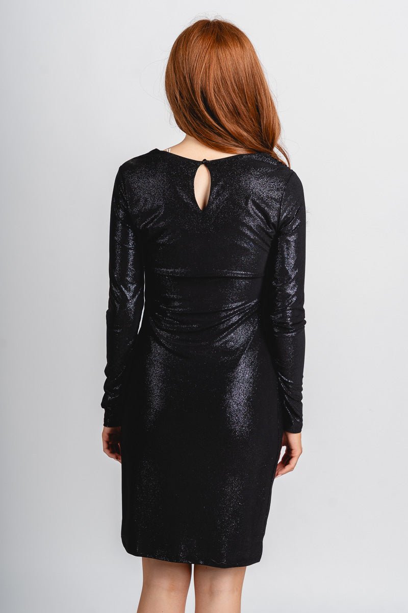 Shimmer ruched long sleeve dress black
