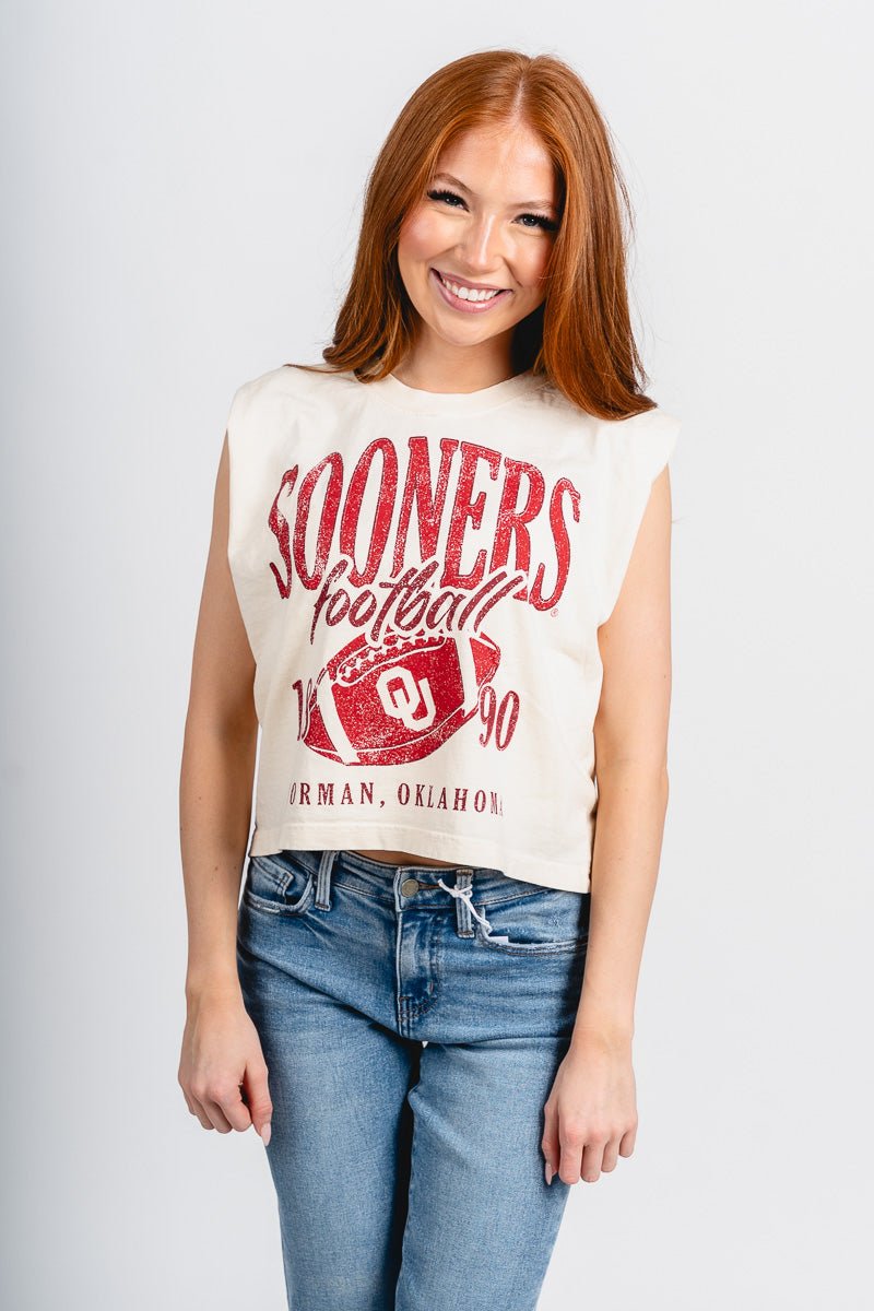 OU OU Sooners big football muscle tank top off white Tank Top | Lush Fashion Lounge Trendy Oklahoma University Sooners Apparel & Cute Gameday T-Shirts